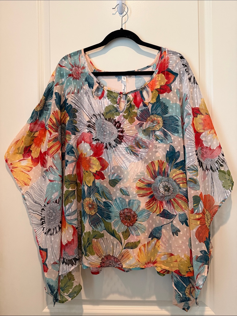 NY Collection Floral Sheer Overlay Dolman Top in Teal, Yellow, Red, Orange 2X
